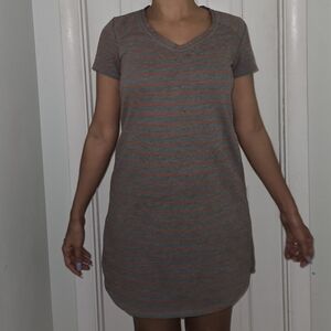 Casual Gray & Orange Striped V-Neck T-Shirt Dress